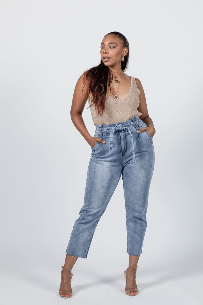 Paper-bag Mom Jeans with Tie Belt